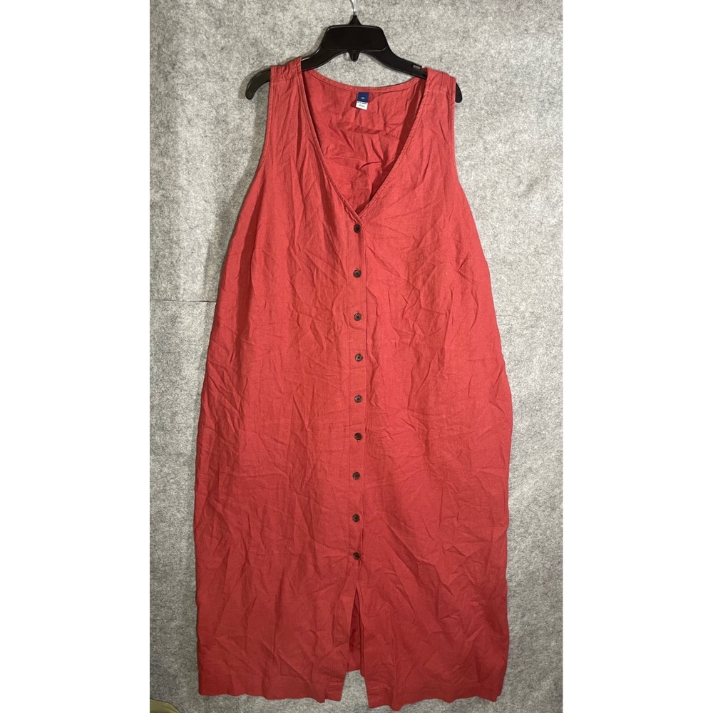 Old Navy Womens 2X Linen Blend Button Front Midi Dress Red Lace Up Back Pockets
